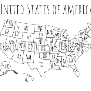 United States Map, Digital Download Map, State Tracking Map, License plate map tracker, Travel Map Tracker, Geography Lesson, Coloring Page