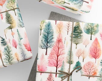Papel de regalo con árboles de acuarela para Navidad, papel de regalo rosa para las fiestas, papel premium
