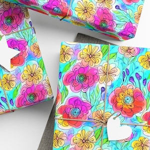 Summer Flowers Wrapping Paper, Colorful Floral Design, Premium Paper, Birthday Gift Wrap, Bridal Shower Gift Wrap, 3 Sizes Available