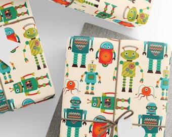 Robots Wrapping Paper, Retro Aesthetic, Premium Paper, Printed to Order