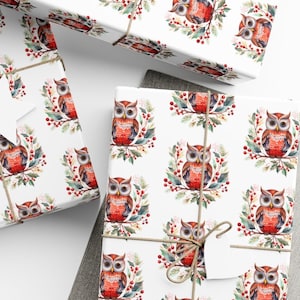 Christmas Scandinavian Gift Wrap, Owl & Floral Design Gift Paper, Christmas Wrapping Paper, Wrapping Paper Rolls, 3 Sizes Available