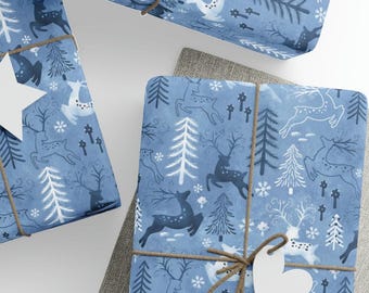 Blue Christmas Wrapping Paper, Blue Gift Wrap with Reindeer, Christmas Scandinavian Gift Wrap, Wrapping Paper Rolls, 3 Sizes Available