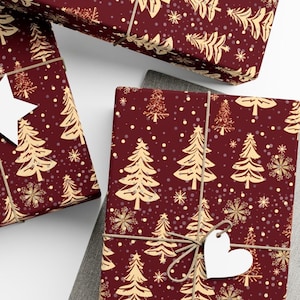 Christmas Wrapping Paper, Gold Christmas Trees Gift Wrap, Holiday Gift Wrap, Wrapping Paper Rolls, Eco Friendly, 3 Sizes Available