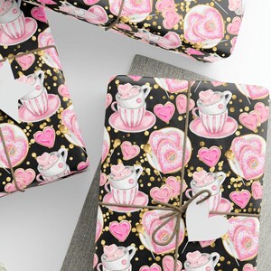 Valentine&#39;s Day Wrapping Paper, Hearts Gift Wrap, Pink Tea Party & Sweets Design, Wrapping Paper Rolls, Wrapping Sheets, 3 Sizes