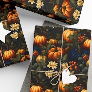 Autumn Gift Wrap with Pumpkins, Fall Floral Wrapping Paper with Pumpkins and Flowers, Autumn Birthday Wrapping, Thanksgiving Day Wrap