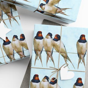 Birds on a Wire Gift Wrap, Bird Lover Gift Wrap, Birthday Wrapping Paper, Artist Illustration of Pretty Swallows, Wrapping Paper Rolls