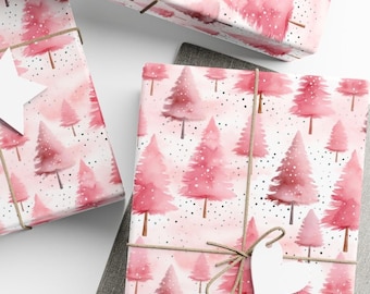 Pink Christmas Trees Wrapping Paper, Pastel Christmas Gift Wrap, Christmas Scene in Watercolor, Holiday Gift Wrap Paper, 3 Sizes Available