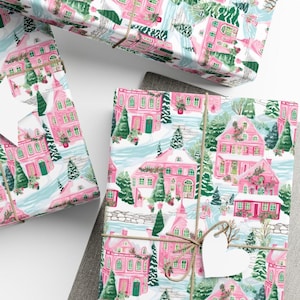 Pink Christmas Gift Wrap, Winter Scene Wrapping Paper, Pink Holiday Gift Wrap, Premium Paper, Wrapping Paper Rolls, 3 Sizes Available