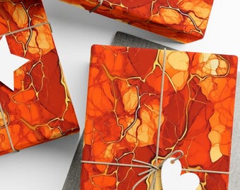 Orange & Gold Gift Wrap, Marbled Wrapping Paper, 3 Sizes