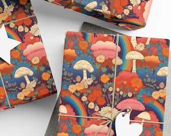 Retro Mushroom Gift Wrap, Mushrooms and Rainbows Design, Premium Paper, Wrapping Paper Rolls, 3 Sizes