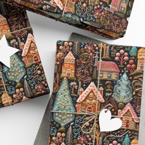 Christmas Gingerbread Gift Wrap, Embroidery Style Christmas Village Design, Christmas Wrapping Paper, Holiday Gift Wrap, 3 Sizes