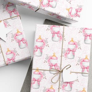 Baby Girl Wrapping Paper, Baby Girl Gift Wrap, Pink Baby Bottles Design, New Baby Gift Wrap, Baby Shower Gift Wrap, Wrapping Paper Rolls