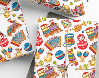 Retro Baby Gift Wrap, Baby Birthday Wrapping Paper, Young Children's Gift Wrap with Retro Toys, New Baby Wrapping, Baby Shower Gift Wrap