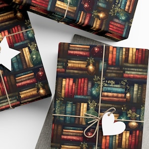 Wrapping Paper with colorful books on shelves.