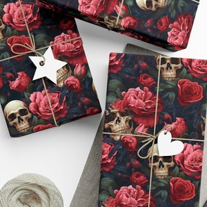 Valentine's Skulls & Roses Gift Wrap, Valentine's Day Wrapping Paper, Goth Wrapping Paper, Dark Academia Aesthetic, Wrapping Paper Rolls