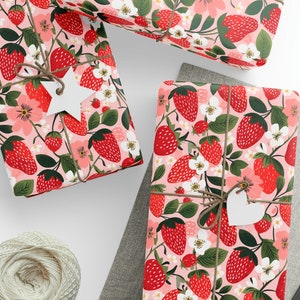 Strawberries Wrapping Paper, Strawberry Gift Wrap, Strawberry and Flowers Design, Birthday Wrapping Paper, Valentines Gift Wrap, 3 Sizes