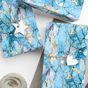 Blue Alcohol Ink Art Wrapping Paper, Designer Gift Wrap, Blue & Gold Gift Wrap, Marbleized Paper, Wedding Wrap, Birthday Gift Wrap