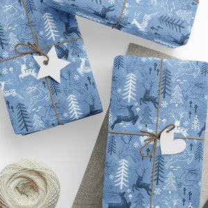 Blue Christmas Wrapping Paper, Blue Gift Wrap with Reindeer, Christmas Scandinavian Gift Wrap, Wrapping Paper Rolls, 3 Sizes Available