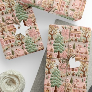 Pink Christmas Village Gift Wrap, Christmas Wrapping Paper, Soft Pinks & Green Color Pallet, Eco Friendly, Wrapping Paper Rolls, 3 Sizes