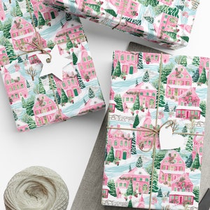 Pink Christmas Gift Wrap, Winter Scene Wrapping Paper, Wrapping Paper Rolls, Wrapping Sheets, Eco Friendly Paper, 3 Sizes Available