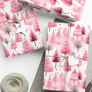 Pink Christmas Tree Gift Wrap, Pink Christmas Scene in Watercolor, Pastel Christmas Wrapping, Holiday Gift Wrap Paper, 3 Sizes Available