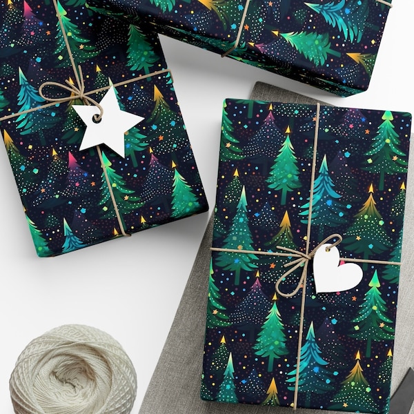 Christmas Wrapping Paper, Colorful Christmas Tree Gift Wrap, Christmas Trees & Lights Appear Lit Up, Wrapping Paper Rolls, Premium Gift Wrap