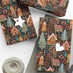 Christmas Gingerbread Gift Wrap, Embroidery Style Christmas Village Design, Christmas Wrapping Paper, Holiday Gift Wrap