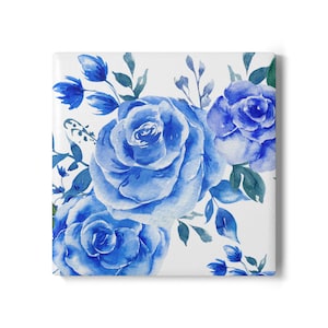 Blue Flowers Ceramic Coaster, Pretty Floral Coasters with Roses, Blue Home Decor, Botanical Coaster Sets, Round and Square Coasters