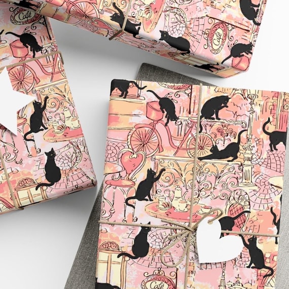 Gift Wrap with Cats In Paris, Pink Wrapping Paper with Black Cats, Parisian Aesthetic, Birthday Wrap, Chic Gift Wrap, Wrapping Paper Rolls