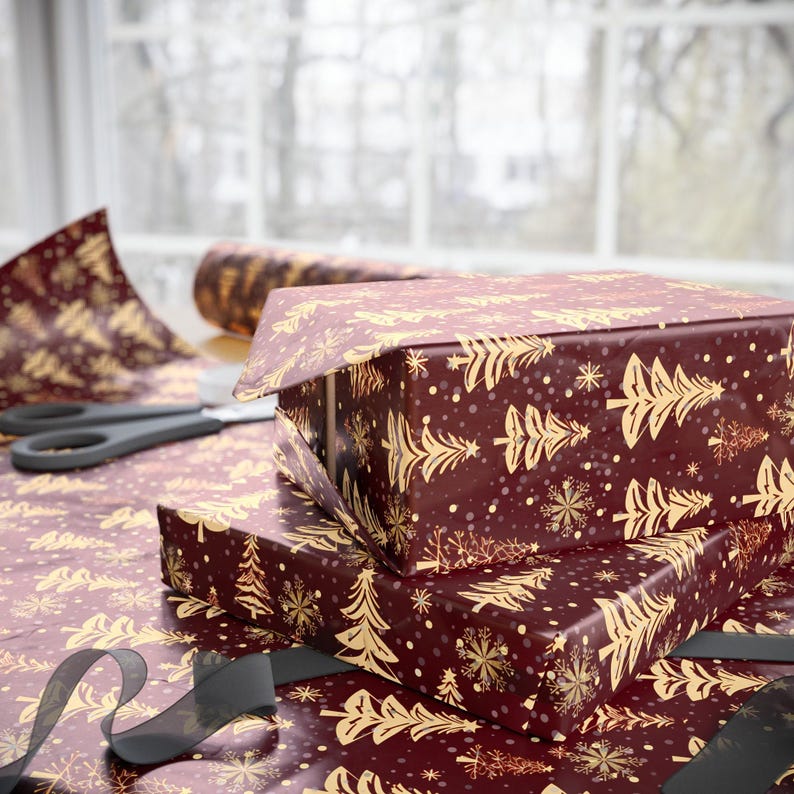 Christmas Wrapping Paper, Gold Christmas Trees Gift Wrap, Holiday Gift Wrap, Wrapping Paper Rolls, Eco Friendly, 3 Sizes Available image 3