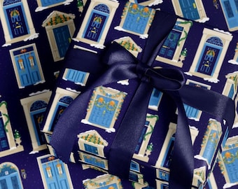 Festive Christmas Doors Gift Wrap, Elegant Blue Holiday Wrapping Paper, Wrapping Paper Rolls