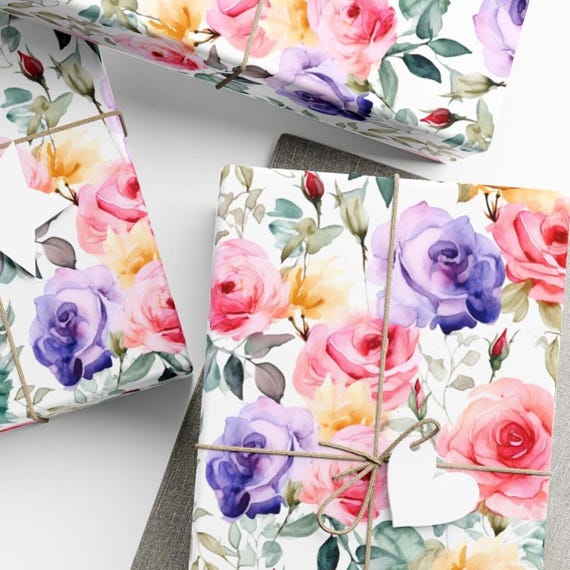 Roses Wrapping Paper, Botanical Watercolor Floral Gift Wrap,  Premium Paper