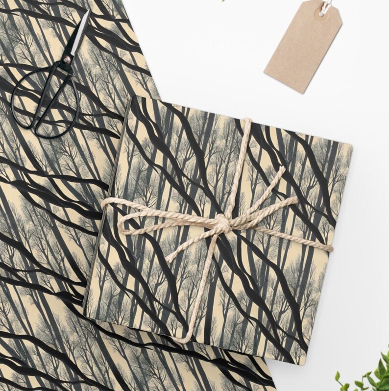 Gift wrap with design of weaving tree branches.