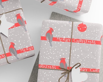 Christmas Birds Wrapping Paper, Red Birds on Gray Design, Holiday Gift Wrap, Premium Paper, Wrapping Paper Rolls, 3 Sizes
