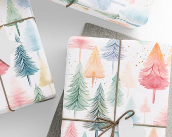 May include: Gift-wrapped presents with watercolor tree designs in pastel colors. The gifts are tied with twine and have heart-shaped tags. The wrapping paper features trees in shades of pink, blue, yellow, and green.