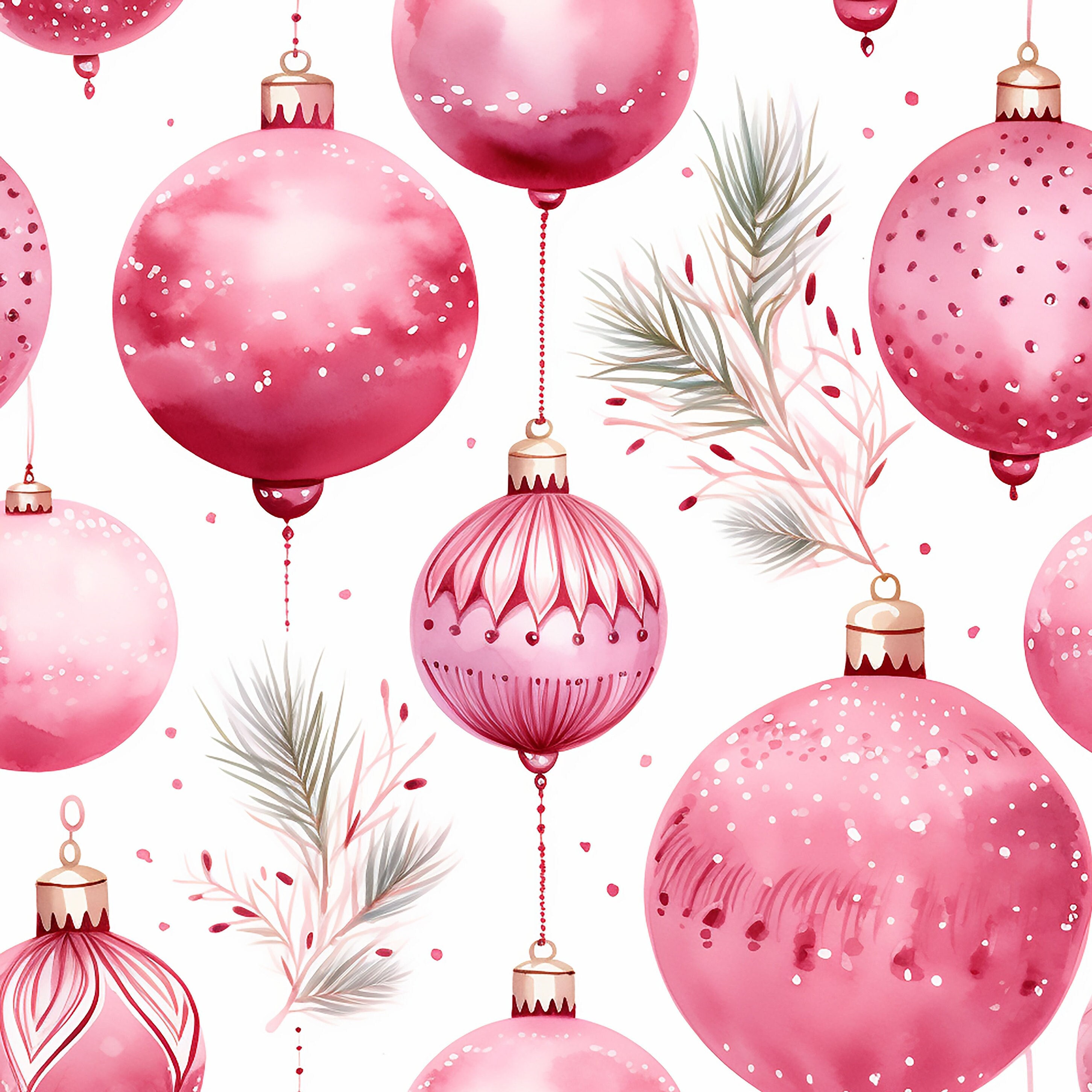 Pink Christmas Wrapping Paper, Pink Watercolor Christmas Ornaments Design, Christmas Gift Wrap