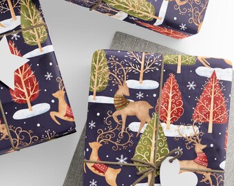 Christmas Reindeer Wrapping Paper, Holiday Gift Wrap, Pretty Winter Scene Design, Scandinavian Aesthetic, Wrapping Paper Rolls, 3 Sizes