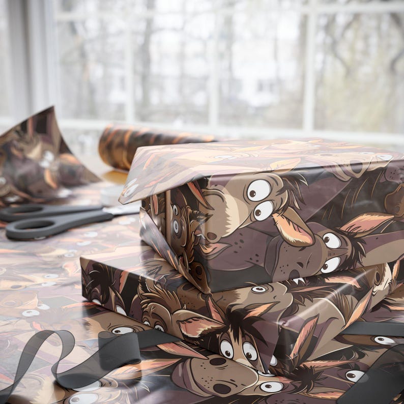 May include: A stack of brown gift wrap with a cartoon pattern of dogs with big eyes. The dogs are looking at the viewer.