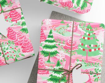 Pink Christmas Gift Wrap, Pastel Christmas Tree Wrapping Paper, Preppy Holiday Gift Wrap, Premium Paper, Wrapping Paper Rolls, 3 Sizes