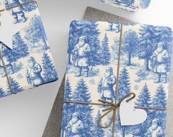 Vintage Blue Toile Christmas Gift Wrap, Elegant Winter Scene with Santa Design, Wrapping Paper Rolls, 3 Sizes