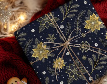 Christmas Floral Wrapping Paper, Poinsettias on Midnight Blue Design, Elegant Holiday Gift Wrap, Premium Paper, Wrapping Paper Rolls