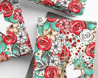 Festive Floral Wrapping Paper, Holiday Gift Wrap, Premium Paper