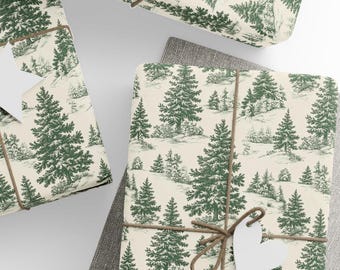May include: Gift-wrapped presents with a forest-themed wrapping paper. The paper features a repeating pattern of green pine trees and other foliage on a cream background. Each package is tied with twine and a heart-shaped tag.