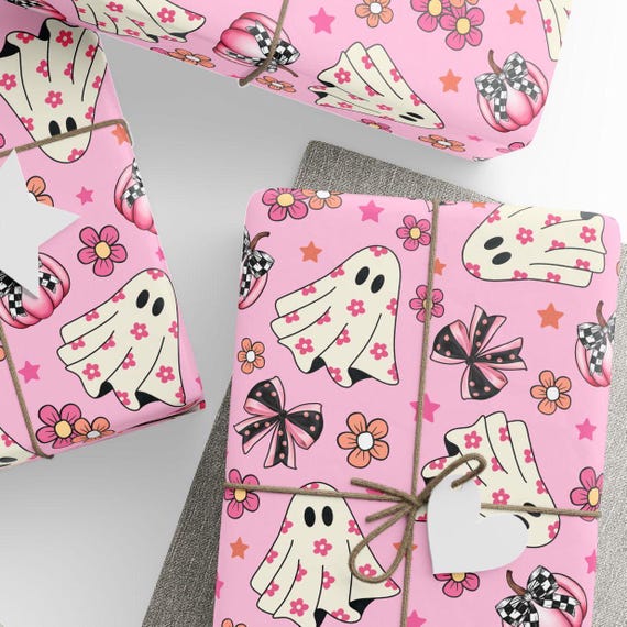 Pink Halloween Gift Wrap, Cute Ghosts Wrapping Paper, Premium Paper, Wrapping Paper Rolls, 3 Sizes