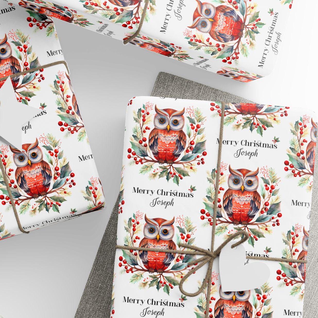 Personalized Christmas Wrapping Paper, Christmas Owl Gift Wrap, Wrapping Paper Rolls