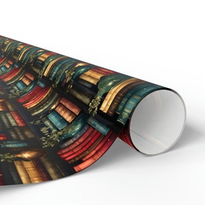 May include: A close-up of a dark blue and black wrapping paper with a repeating pattern of books on a bookshelf. The books are in various colors, including red, yellow, blue, and green. There are also small green plants in the pattern.