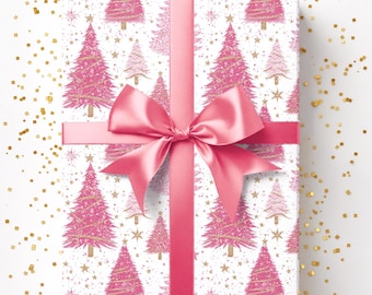 Pink Christmas Trees Gift Wrap, Holiday Wrapping Paper, Premium Paper, Wrapping Paper Rolls, 3 Sizes