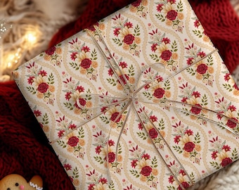 Elegant Christmas Floral Gift Wrap, Vintage Holiday Wrapping Paper, Premium Paper, Wrapping Paper Rolls, 3 Sizes