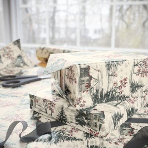 Vintage Christmas Wrapping Paper, Winter Holiday Gift Wrap, Toile Style Design, Premium Paper, Wrapping Paper Rolls, 3 Sizes image 7