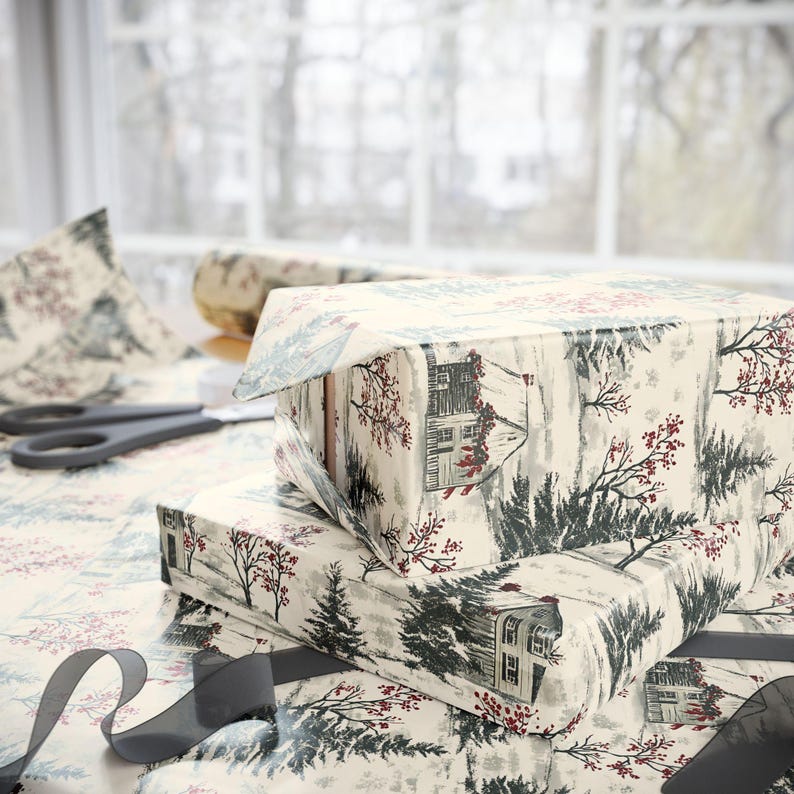 Vintage Christmas Wrapping Paper, Winter Holiday Gift Wrap, Toile Style Design, Premium Paper, Wrapping Paper Rolls, 3 Sizes image 7